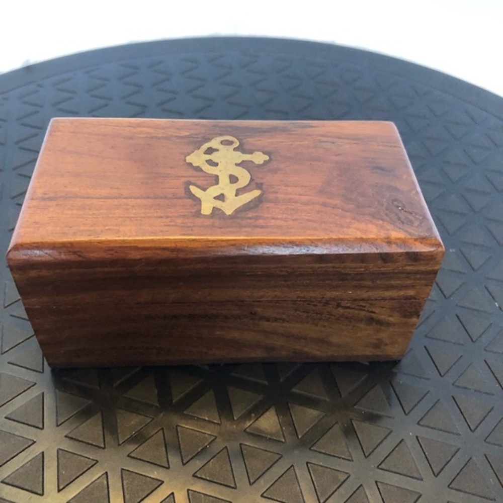 Vintage Nautical Naval Themed Wooden Box Brass Anchor Inlay